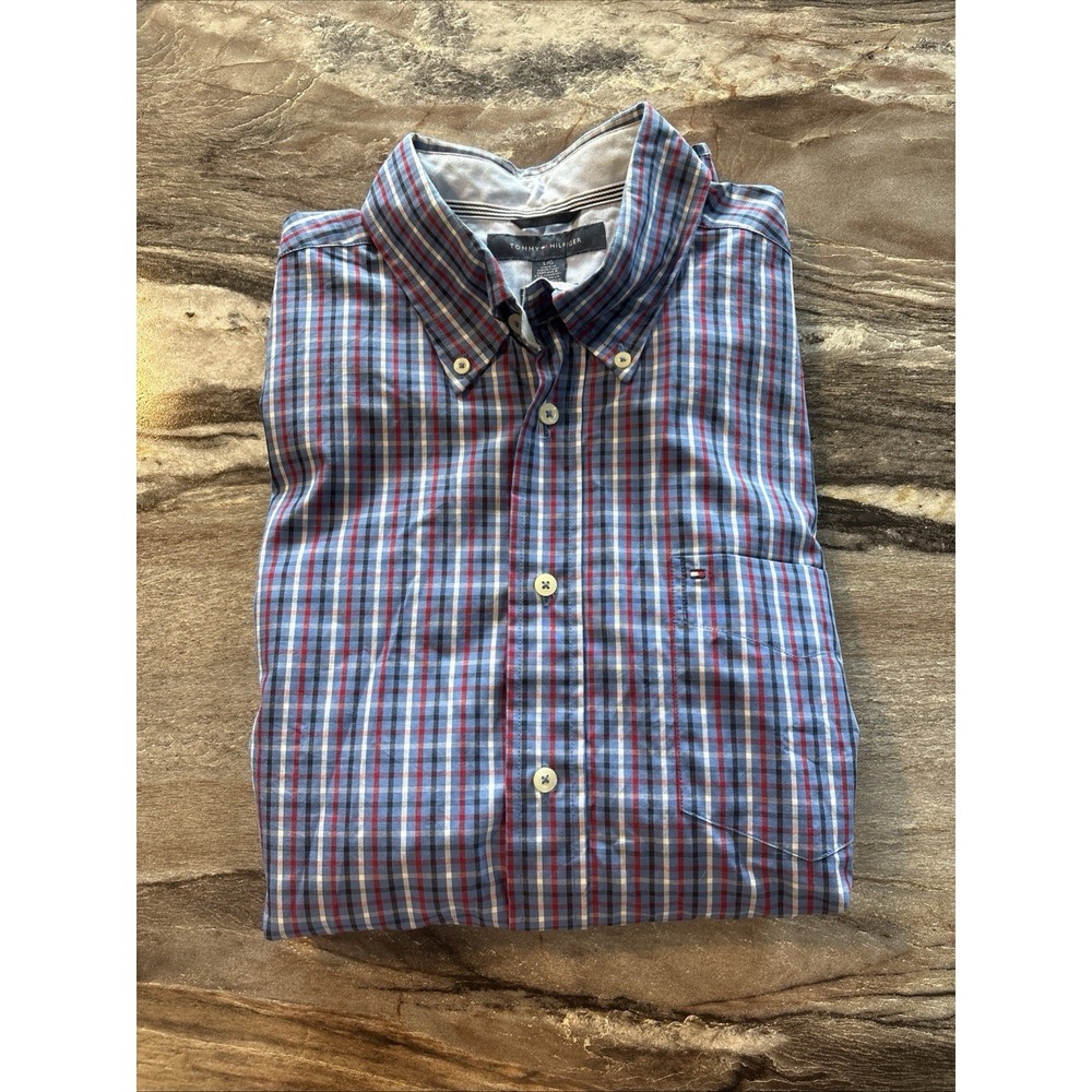 Tommy Hilfiger Mens Shirt Button Down Size Large Plaid Red Blue Long Sleeve